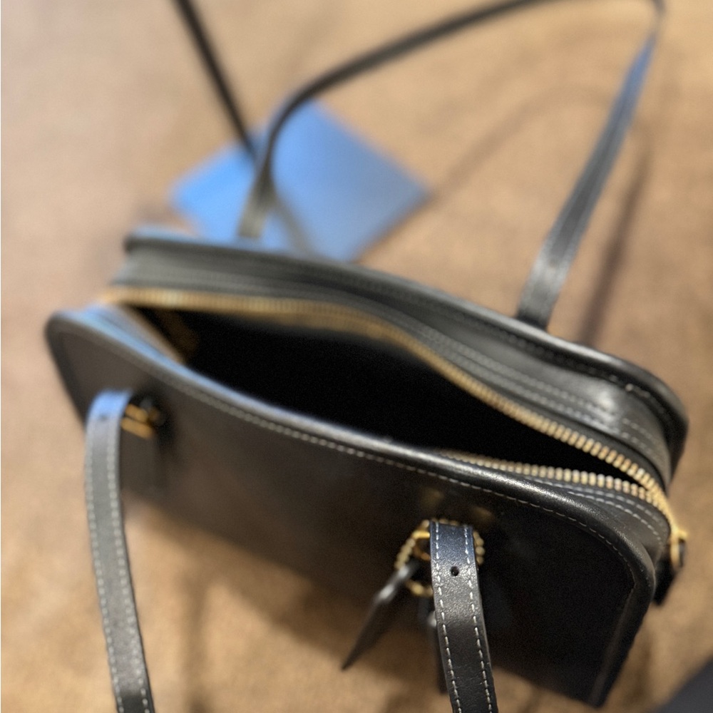 Black Leather Double-Strap Shoulder Bag - Picture 3 of 4